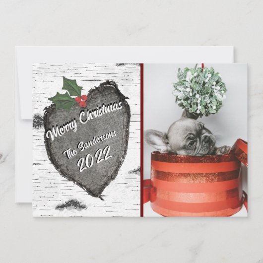 モダンなログハウスのハート型 家族写真のホリデーカード シーズンカード (正面)