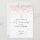 モダンなローズゴールドのグリッターが輝く初めての聖体拝領 招待状 (正面)