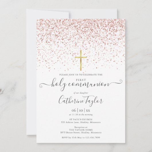モダンなローズゴールドのグリッターが輝く初めての聖体拝領 招待状 (正面)