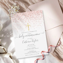 モダンなローズゴールドのグリッターが輝く初めての聖体拝領