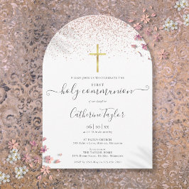 モダンなローズゴールドのグリッターが輝く初めての聖体拝領 招待状