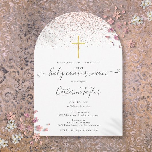 モダンなローズゴールドのグリッターが輝く初めての聖体拝領 招待状