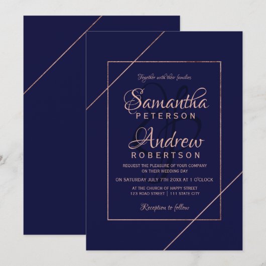 モダンなローズゴールドのタイポグラフィ ネイビーフレーム ウェディング 招待状 (正面/裏面)