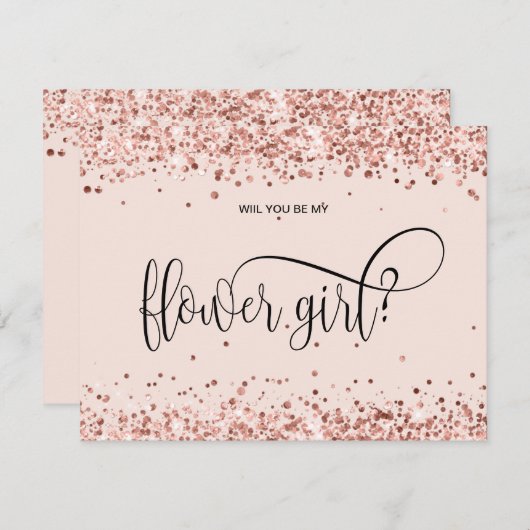モダンなローズゴールドの輝き　あなたは私のフラワーガールになってくれる？ 招待状 (正面/裏面)