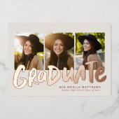 モダンなローズゴールドの3枚写真 卒業のお知らせ 箔招待状 (正面)