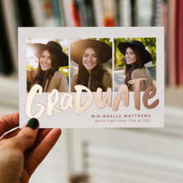 モダンなローズゴールドの3枚写真 卒業のお知らせ 箔招待状