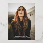 モダンなローズゴールド箔押しの洗練された卒業お礼カード 箔招待状 (正面)