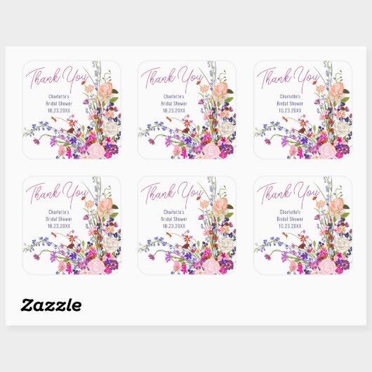 モダンなワイルドフラワー サンキュー ブライダルシャワー スクエアシール (シート)