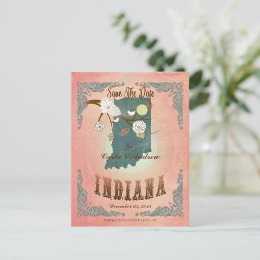 モダンなヴィンテージのインディアナの州の地図のパステルのモモ 案内ポストカード (スタンド正面)