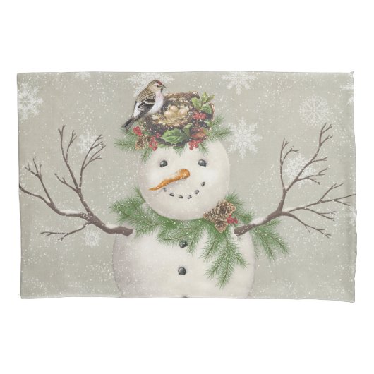 モダンなヴィンテージのウィンターガーデンの雪だるま 枕カバー (正面)