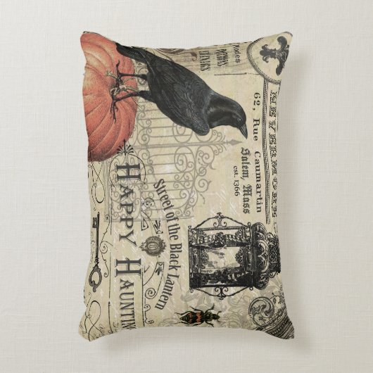 モダンなヴィンテージのハロウィンのカボチャおよびカラス アクセントクッション (正面(垂直))