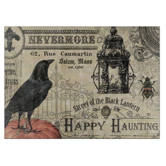モダンなヴィンテージのハロウィンのカボチャおよびカラス カッティングボード (正面)