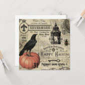 モダンなヴィンテージのハロウィンのカボチャおよびカラス カード (正面/裏面インサイチュ)