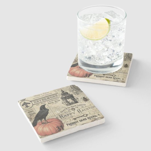 モダンなヴィンテージのハロウィンのカラスおよびカボチャ ストーンコースター (横)