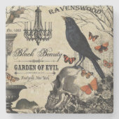 モダンなヴィンテージのハロウィンのカラスおよびスカル ストーンコースター (正面)