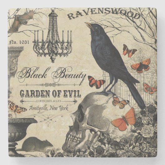 モダンなヴィンテージのハロウィンのカラスおよびスカル ストーンコースター (正面)
