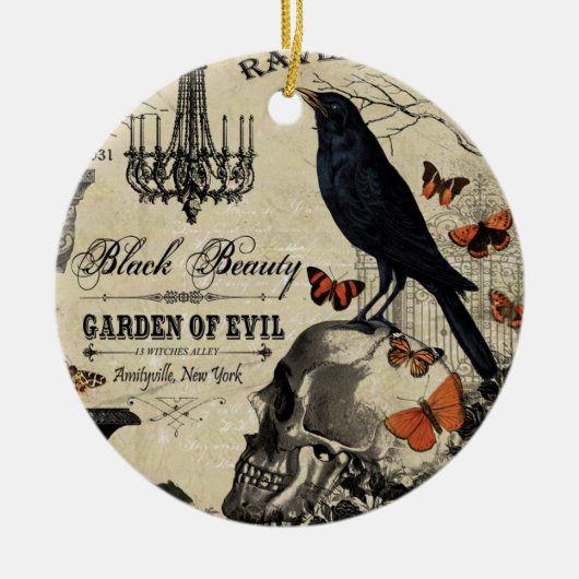 モダンなヴィンテージのハロウィンのカラスおよびスカル セラミックオーナメント (正面)