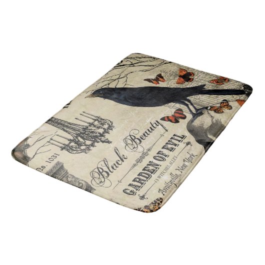 モダンなヴィンテージのハロウィンのカラスおよびスカル バスマット (アングル)