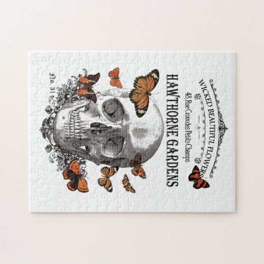 モダンなヴィンテージのハロウィンのスカルおよび蝶 ジグソーパズル (横)