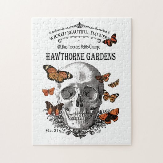 モダンなヴィンテージのハロウィンのスカルおよび蝶 ジグソーパズル (縦)