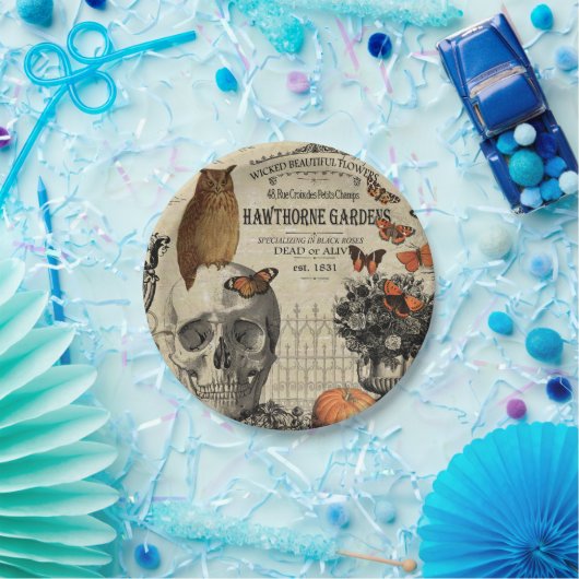 モダンなヴィンテージのハロウィンのフクロウおよびスカル ペーパープレート (パーティー)