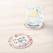 モダンなヴィンテージのピンクの花のパーソナライズな結婚式 ラウンドペーパーコースター (インサイチュ)