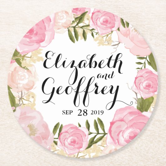 モダンなヴィンテージのピンクの花のパーソナライズな結婚式 ラウンドペーパーコースター (正面)
