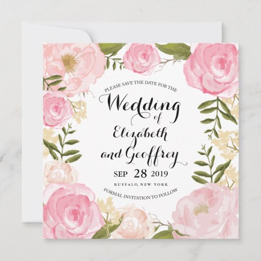 モダンなヴィンテージのピンクの花柄の保存日付 セーブザデート (正面)