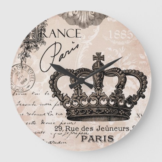 モダンなヴィンテージのフランスのなぼろぼろのシックな王冠 ラージ壁時計 (正面)