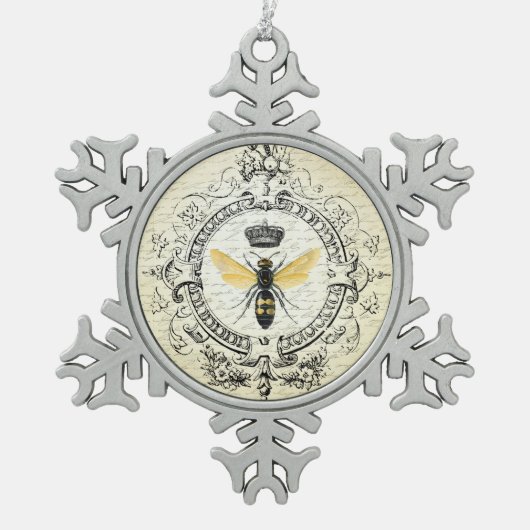 モダンなヴィンテージのフランスのな女王バチ スノーフレークピューターオーナメント (正面)