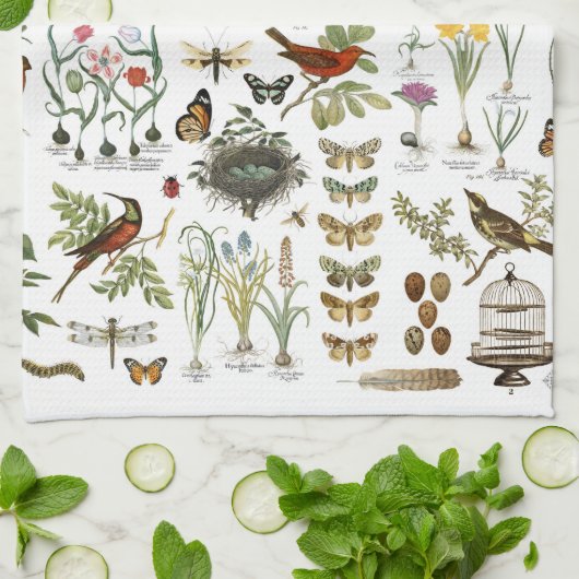 モダンなヴィンテージのフランスのな植物の鳥および花 キッチンタオル (折り畳み)