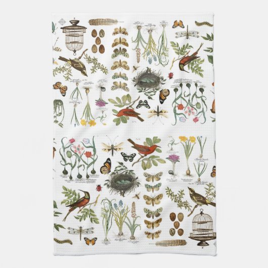 モダンなヴィンテージのフランスのな植物の鳥および花 キッチンタオル (縦)