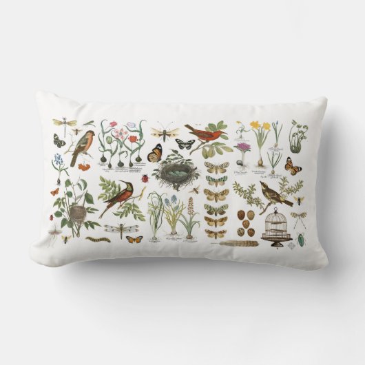 モダンなヴィンテージのフランスのな植物の鳥および花 ランバークッション (正面)