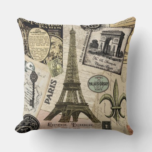 モダンなヴィンテージのフランス人旅行コラージュ クッション (正面)