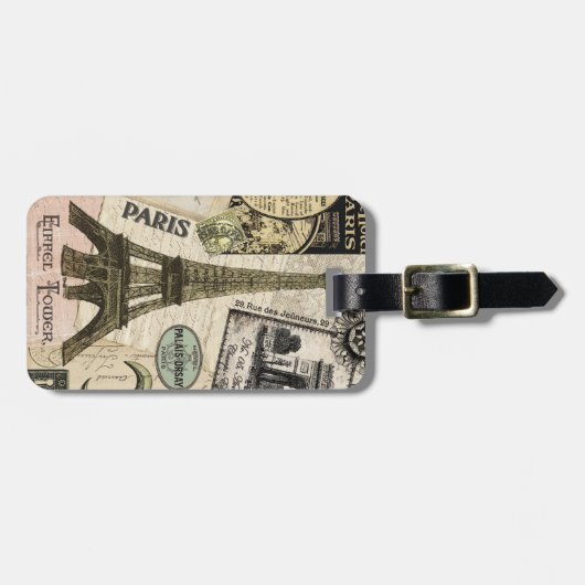 モダンなヴィンテージのフランス人旅行コラージュ ラゲッジタグ (正面横)