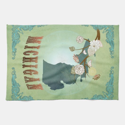 モダンなヴィンテージのミシガン州の地図-セージグリーン キッチンタオル (横)