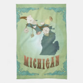 モダンなヴィンテージのミシガン州の地図-セージグリーン キッチンタオル (縦)