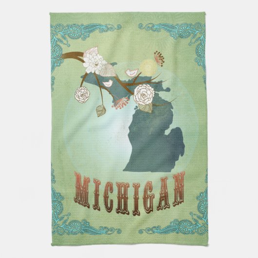モダンなヴィンテージのミシガン州の地図-セージグリーン キッチンタオル (縦)