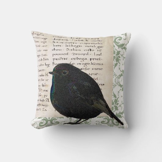 モダンなヴィンテージのロビンの鳥の原稿緑のダマスク織 クッション (正面)