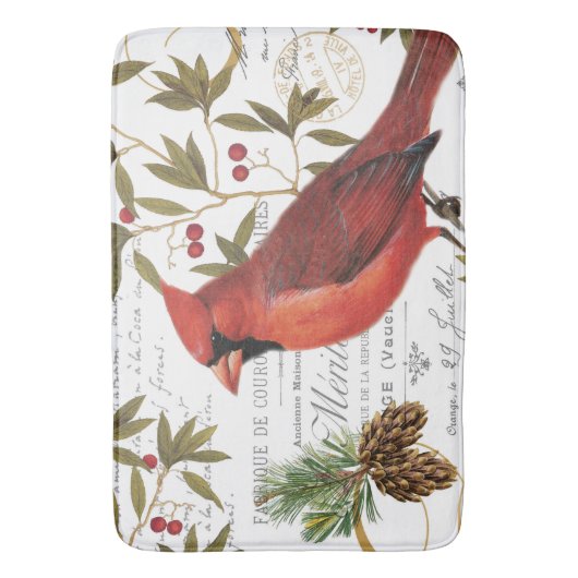 モダンなヴィンテージの冬の森林（鳥）ショウジョウコウカンチョウ バスマット (正面縦)