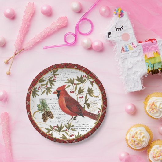 モダンなヴィンテージの冬の森林（鳥）ショウジョウコウカンチョウ ペーパープレート (パーティー)