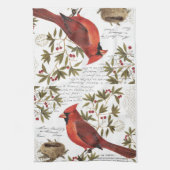 モダンなヴィンテージの冬の（鳥）ショウジョウコウカンチョウ キッチンタオル (縦)