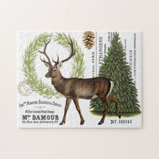 モダンなヴィンテージの森林冬のシカ ジグソーパズル (横)