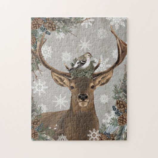 モダンなヴィンテージの素朴な森林冬のシカ ジグソーパズル (縦)