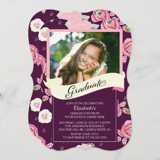 モダンなヴィンテージの花の卒業の招待状 招待状 (正面/裏面)