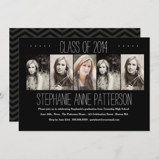 モダンな上品5の写真の卒業の発表|Black 招待状 (正面/裏面)