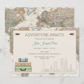モダンな世界旅行地図デザイン 招待状 (正面/裏面)