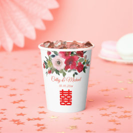 モダンな中国の結婚式にぴったりな赤とピンクの水彩花のデザイン 紙コップ