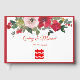モダンな中国風の結婚式の赤いピンクの水彩フラワー ゲストブック