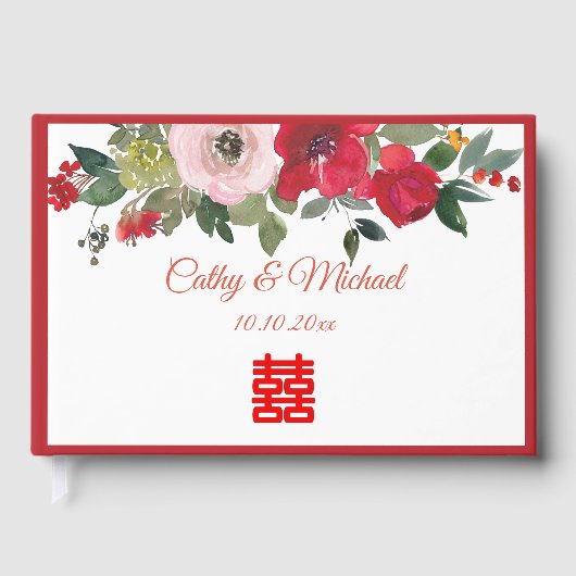 モダンな中国風の結婚式の赤いピンクの水彩フラワー ゲストブック (正面)